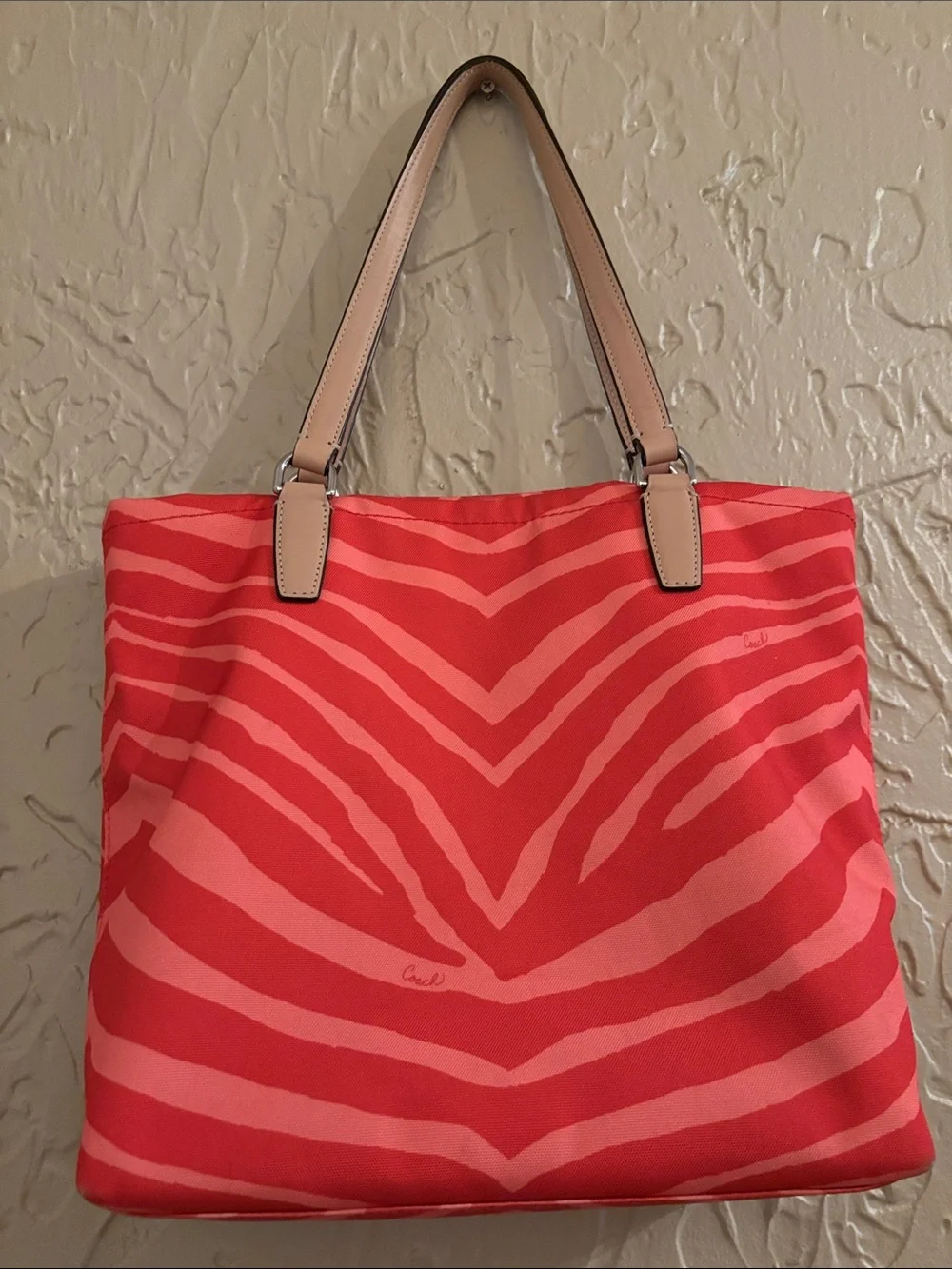 Authentic Y2K COACH Signature Zebra Print Canvas Tote Bag Hot Orange & Coral